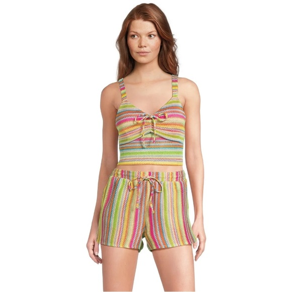 Two Piece Boho Striped Crochet Top and Shorts Set - Picture 1 of 6